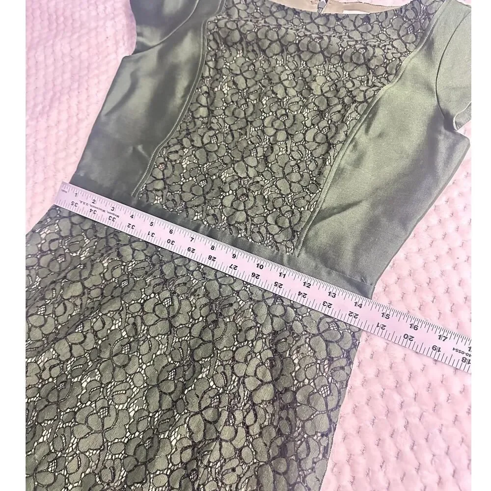 Tory Burch Mariana Sheath Dress Women's 6 Green Wool Silk Satin Lace Accent
